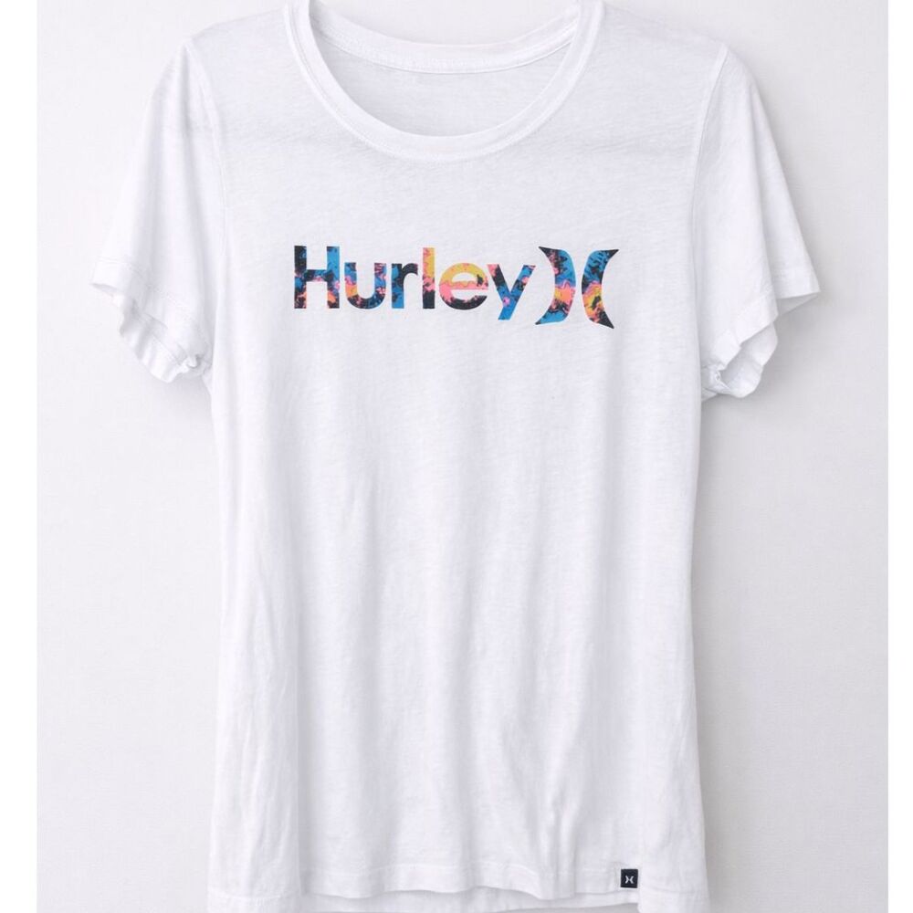 Hurley‎ Women’s White Graphic Tee Size Large Colorful Logo 100% Cotton